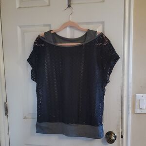 Women's Black Lace Overlay Short Sleeve Top with Heather Trim